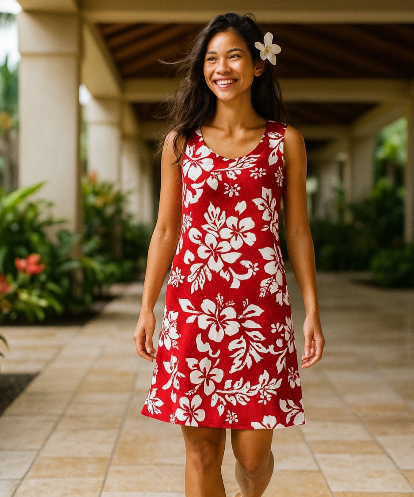 Mid Length Maui Hibiscus Hawaiian Dress Red
