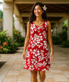 Mid Length Maui Hibiscus Hawaiian Dress Red
