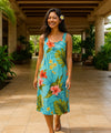 Hibiscus Knee Length Bias Sleeveless Dress Aqua