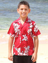 Kona Hibiscus Boys Cotton Aloha Shirt Red