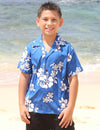 Kona Hibiscus Boys Cotton Aloha Shirt Blue