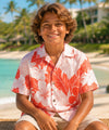 Lanai Hibiscus Floral Boys Aloha Shirt Coral