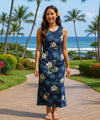 Iliwai Orchid Long Maxi Hawaiian Dress Navy
