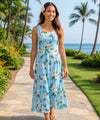 Orchids Tie-Back Long Hawaiian Dress Light Sky Blue