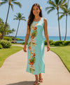 Koloa Orchids Maxi Long Hawaiian Dress Aqua