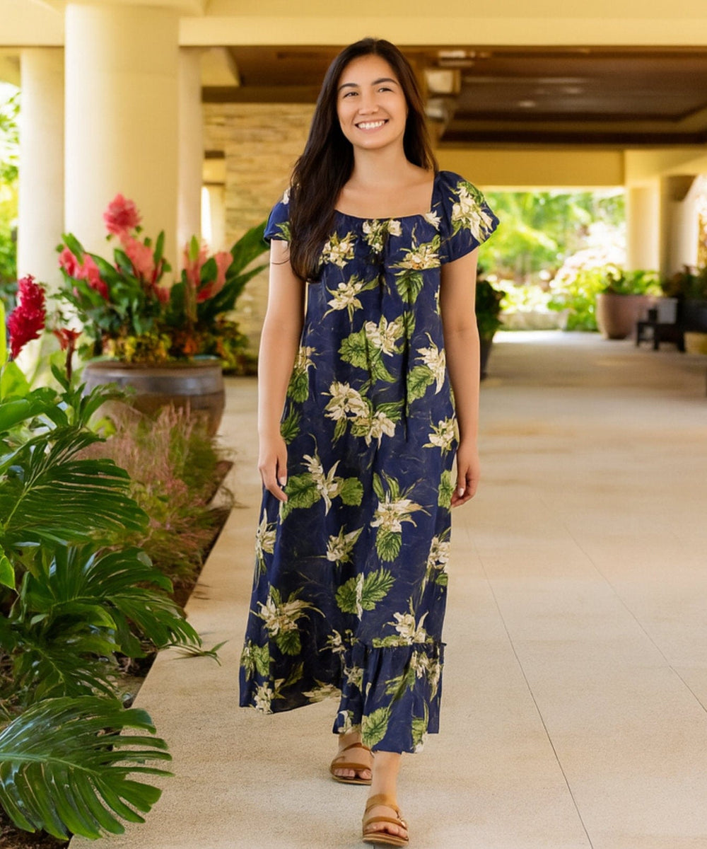 mamama！akiki チュールフラワーブラウス Monstera Cereus Blue Leilani Hawaiian Muumuu Dress – Lavahut
