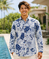 Long Sleeves Sea Horse Cotton Aloha Shirt White Men's Long Sleeves Shirt
