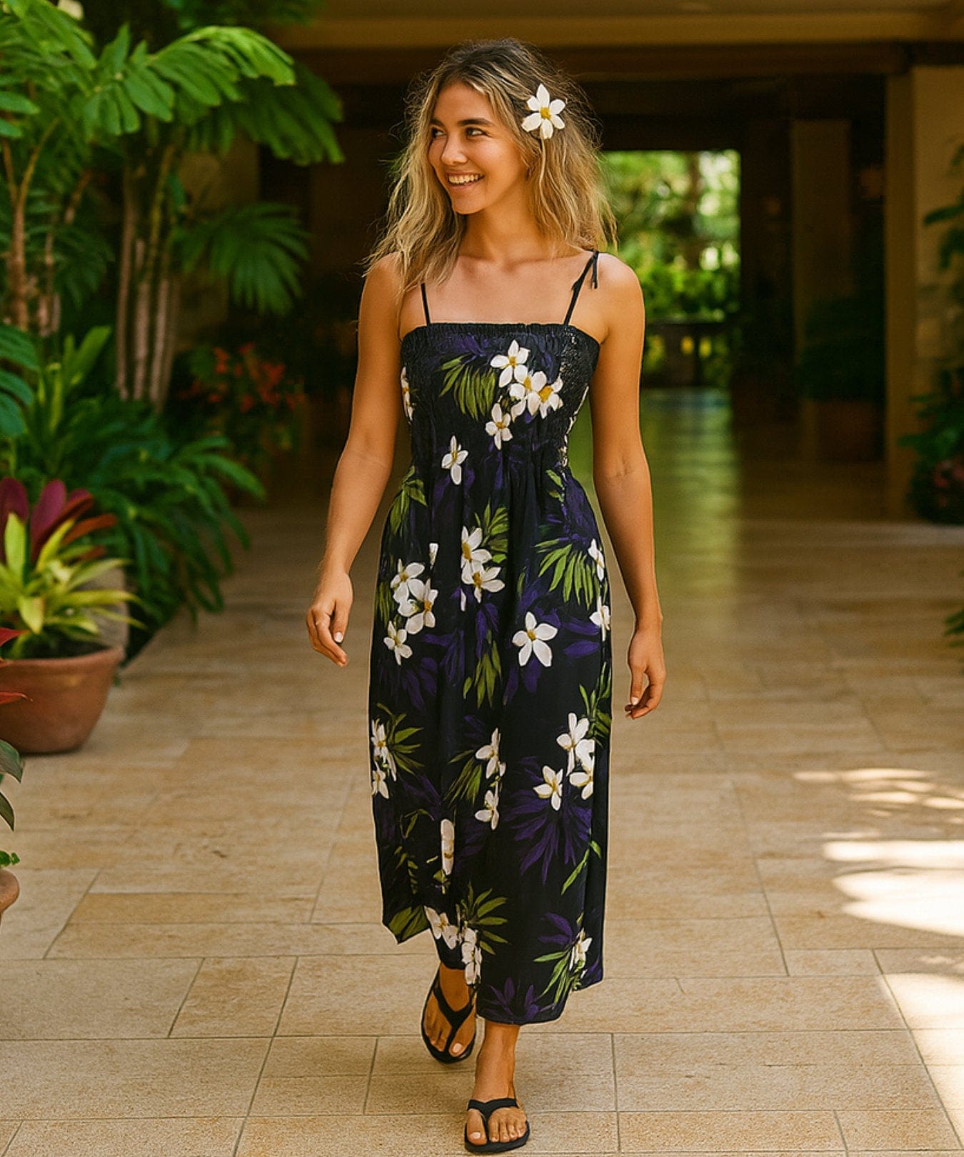 Long Maxi Smock Tube Top Hawaiian Dress Black One Size Fits Most XS-XL