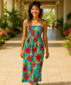 Hibiscus Tube Top Long Hawaiian Smock Dress Blue One Size Fits Most XS-XL