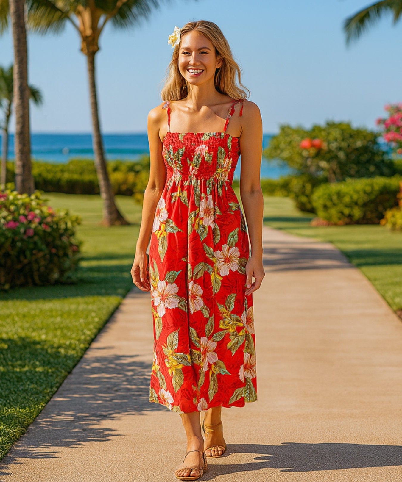 Hibiscus Ula Ula Long Maxi Smock Dress Red One Size Fits Most XS-XL