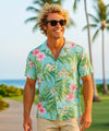 Short Sleeves Rayon Tropical Island Aloha Shirt Aqua