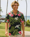 Short Sleeves Rayon Tropical Island Aloha Shirt Black
