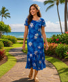Wainapanapa Orchid Maxi Hawaiian Dress w/Cap Sleeves Royal Navy