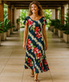 Plumeria Maxi Hawaiian Dress Cap Sleeves Navy Blue