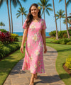 Mona Orchids Maxi Hawaiian Dress w/Cap Sleeves Light Pink