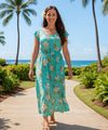 Orchids Full Length Dress Cap Sleeves Aqua