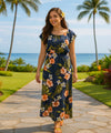 Waikapu Orchids Full Length Dress Cap Sleeves Navy