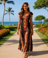 Kua Flutter Sleeve Long Maxi Empire Dress Black