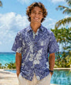 Niihau Cotton Short Sleeves Button Up Reverse Print Shirt Navy Button-Up Dress Shirt