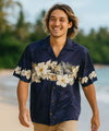 Hibiscus Border Cotton Aloha Shirt Navy