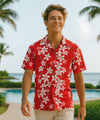Island Plumeria Flowers Cotton Aloha Shirt Red
