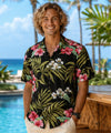 Short Sleeves Rayon Men's Tropical Island Black Aloha Shirt
