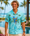 Parrots Men's Cotton Border Print Hawaiian Shirt Aqua