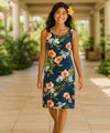 Molokai Orchids Knee Length Hawaiian Dress Navy