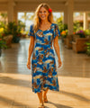 Sapphire Blue Hawaiian Midi Dress with Tulip Sleeves Ocean Blue