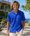 Monstera Cotton Men's Aloha Shirt Royal Blue