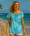 Off-Shoulder Hawaiian Peasant Blouse Island Reef Aqua