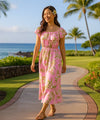 Wailua Orchids Off Shoulder Ankle Length Hawaiian Dress Pink