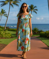 Wailua Orchids Off Shoulder Ankle Length Hawaiian Dress Sky Blue
