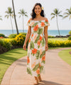 Waipio Off Shoulder Hibiscus Ankle Length Hawaiian Dress White
