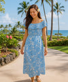Kohala Forest Off Shoulder Ankle Length Hawaiian Dress Navy