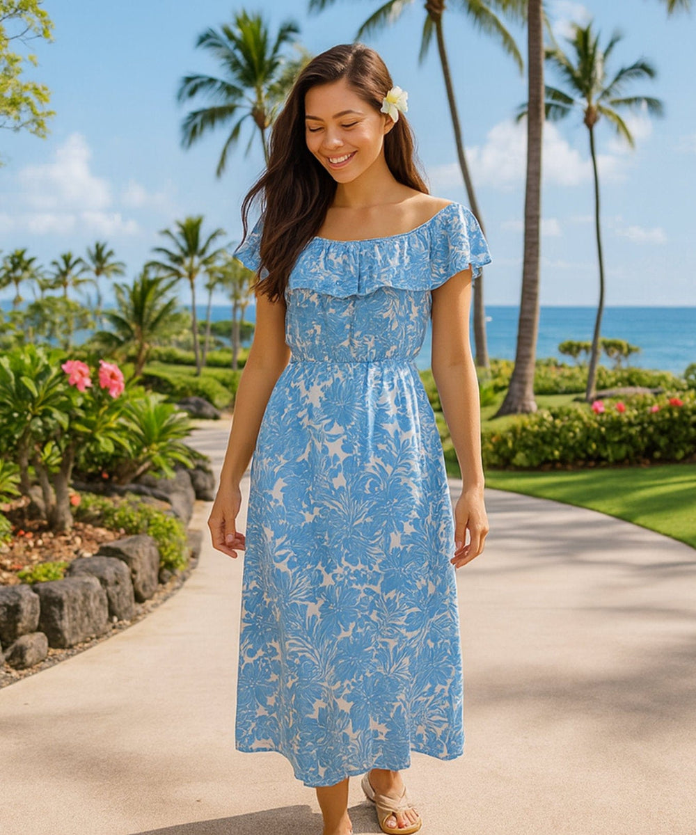 AloaloAloha　ハワイアンワンピース Kohala Forest Off Shoulder Ankle Length Hawaiian Dress | Aloha
