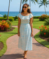 Kohala Forest Off Shoulder Ankle Length Hawaiian Dress Ocean Blue