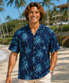 Open Collar Palm Short Sleeves Rayon Shirt Navy