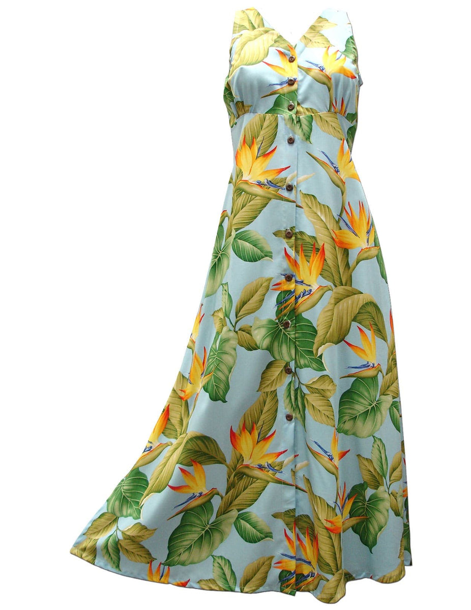Pahoa Birds of Paradise Cocktail Maxi Dress | Aloha Shirts Club Sky Blue / L