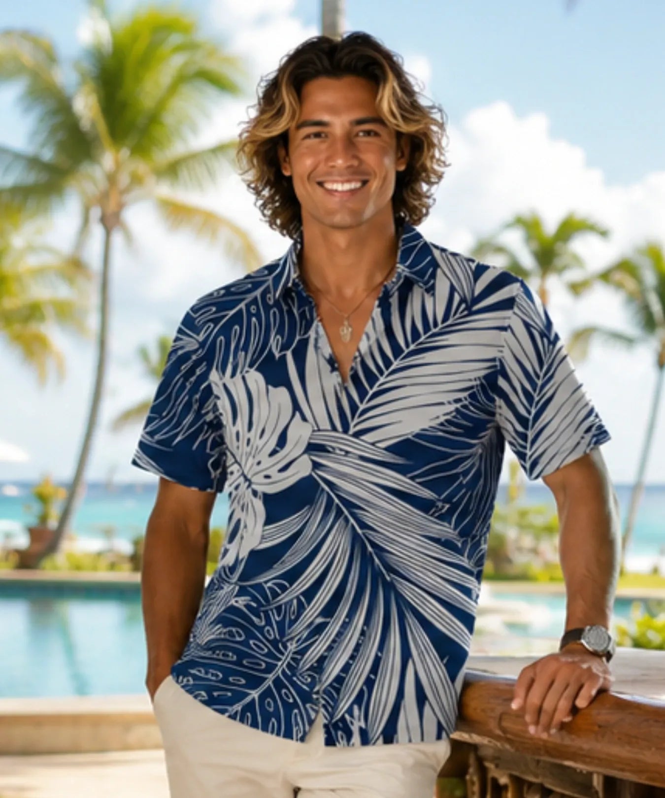 Palms Polyester Spandex Polo Aloha Shirt Navy