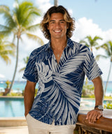 Palms Polyester Spandex Polo Aloha Shirt Navy