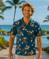 Lanai Pineapples Open Collar Men Aloha Shirt Navy
