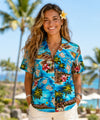 Polynesian Hawaiian Island Camp Shirt Turquoise