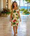 Puunene Plumeria Hibiscus Pull Over Short Muumuu Dress Beige