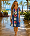 Hanalei Cap Sleeves Mid Length Panel Hawaiian Dress Navy