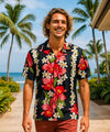 Orchid Plumeria Panel Rayon Aloha Shirt Navy