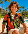 Boys Open Pointed Collar Rayon Aloha Shirt Black