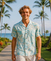 Rayon Hawaiian Aloha Watercolors Palms Shirt Light Blue