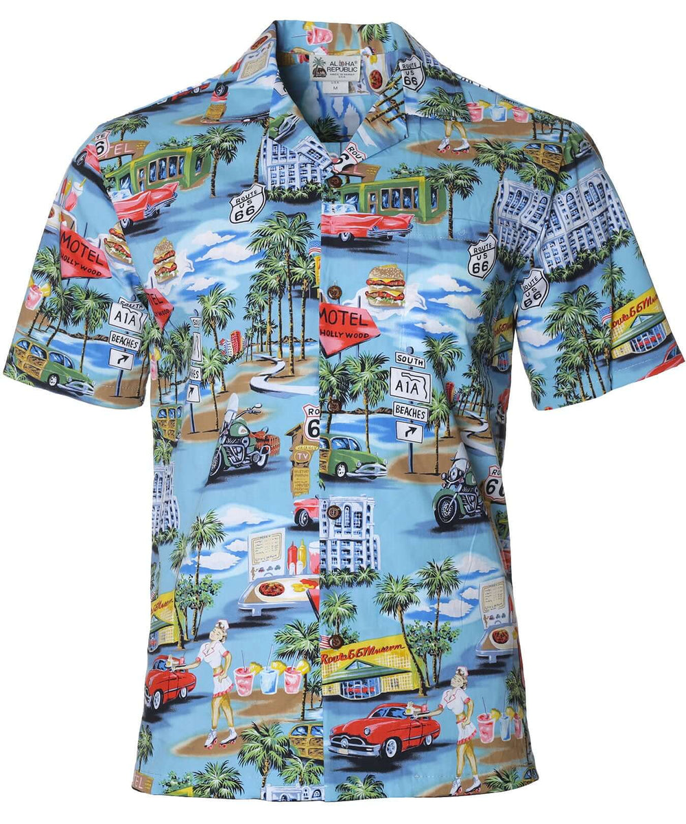 Route 66 Cotton Men Blue Aloha Shirt | Aloha Shirts Club