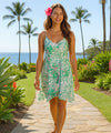 Relaxed V-Neck Rayon Short Hawaiian Dress Green